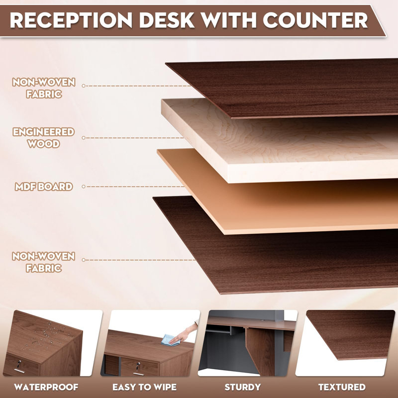 L-Shaped Reception Desk with Lockable Drawers and Storage Shelves, Multi-Functional Computer Desk for Office