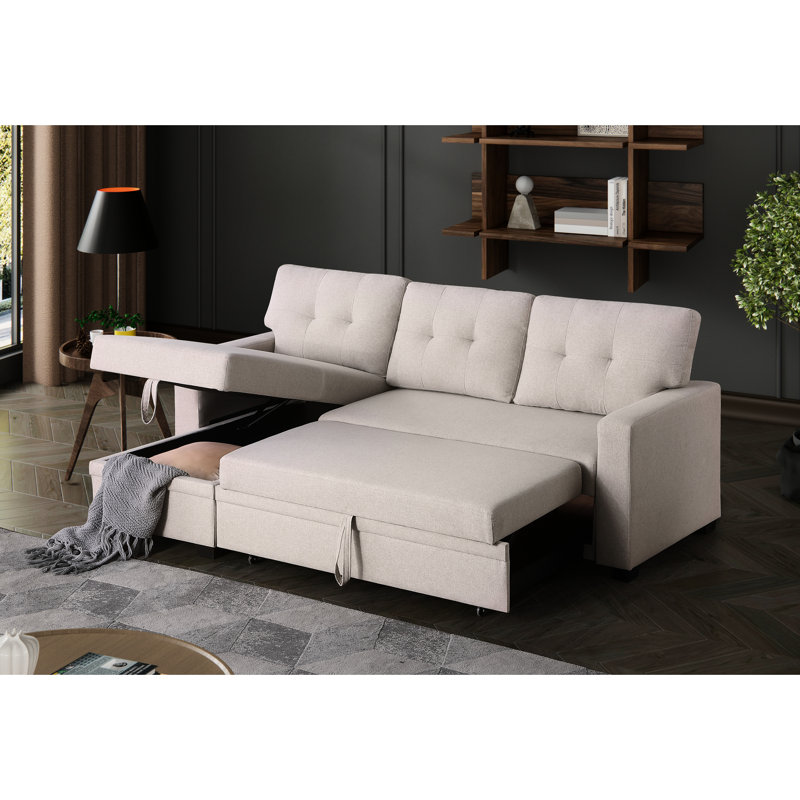 3 - Seat Convertible Upholstered Sectional With Pull Out Chaise And Storage, Beige Linen Main, Foam Filler, Removable Back Cushions, Twin Size Sleeper For Overnight Guests, 82.73 In Width, 54.33