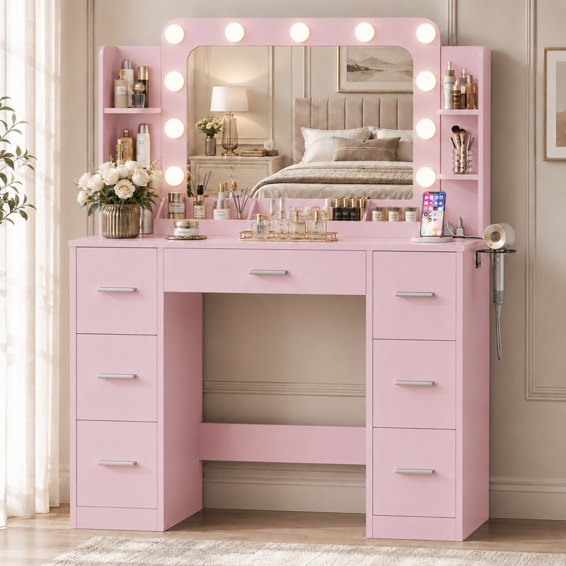 Meuble-lavabo 43,3 po avec lumières DEL, miroir anti-reflets, station de charge intégrée, 7 tiroirs et tablettes de rangement ouvertes pour la chambre à coucher Hollywood