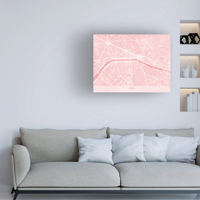 "Urban Living", carte de Paris III délavée rose sur toile