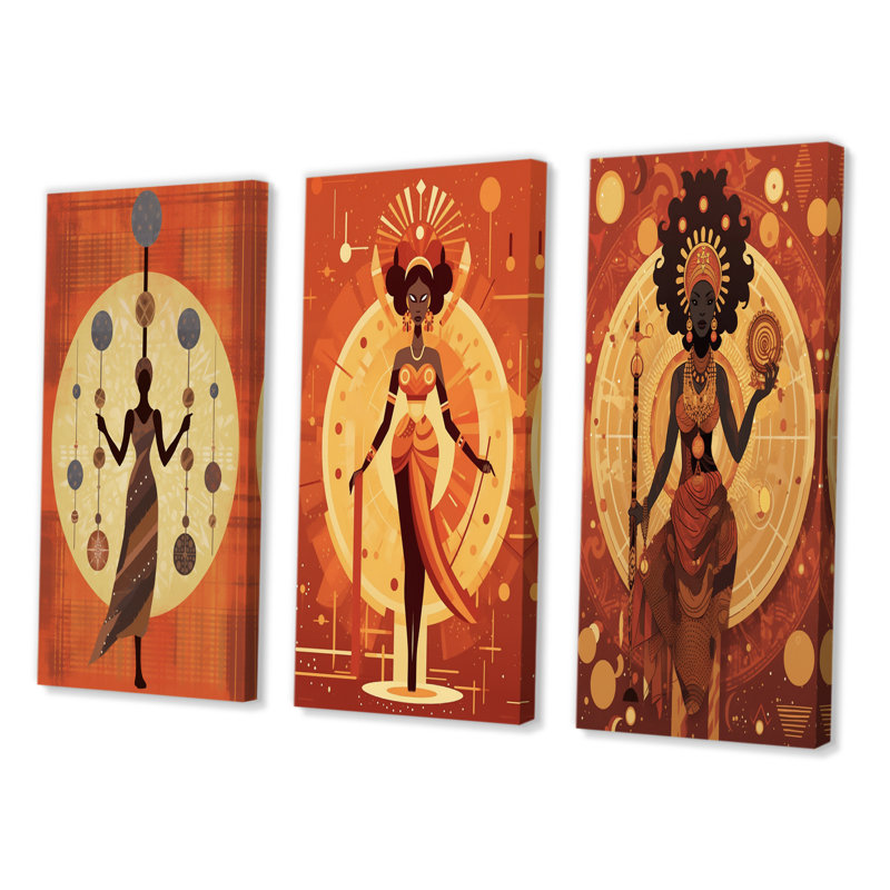 «Graphic Retro African Tribal Goddess», 3 pièces, Toile tendue, H 20 po x l 36 po