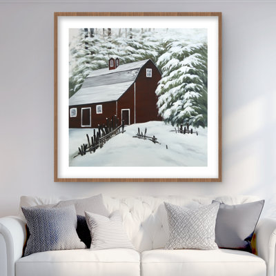 Red Barn in Snow - Seasons Framed Matted Print Decor