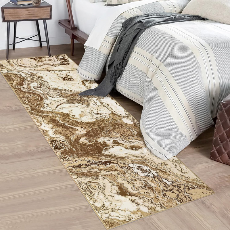 2'X8' Modern Marble Runner Rug, Washable Kitchen Runner Abstract Marble Pattern Rug Runners For Hallways Non Slip For Bedroom Entryway, Brown