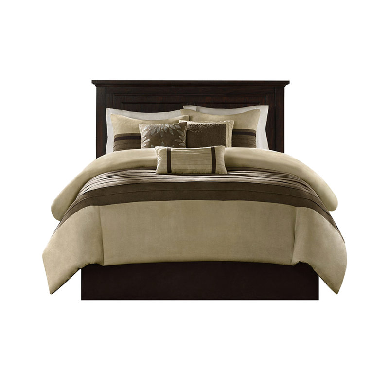 Édredon en faux suède pour grand lit 7 pièces - touche sophistiquée avec broderie charmante, Naturel