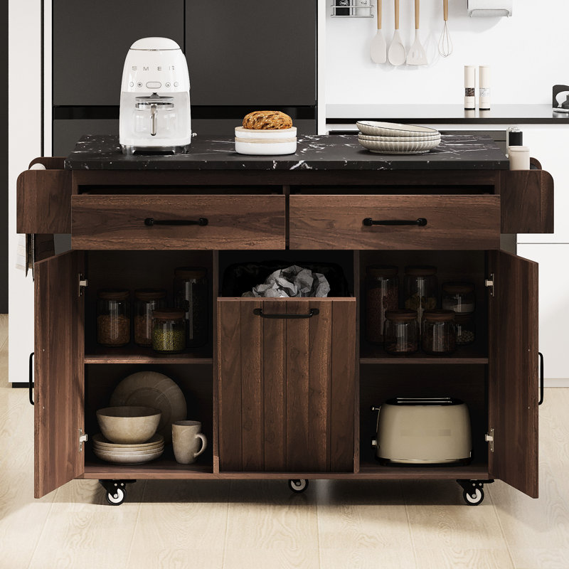 Îlot de cuisine avec rangement pour poubelles, abattant pliable, tablette réglable, support à épices, tablettes à roulettes, support - brun