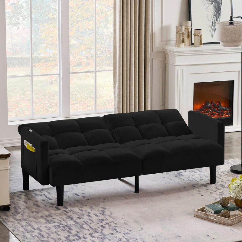 Velvet Futon Couch Convertible Folding Sofa Bed Tufted Couch For Apartment, Black