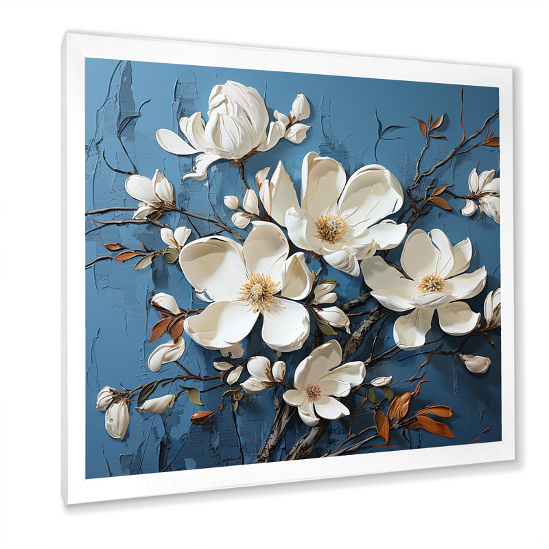 «Blue and White Magnolia Blooming Elegant I», reproduction sur toile, Cadre simple blanc, H 36 po x l 36 po x P 1,5 po