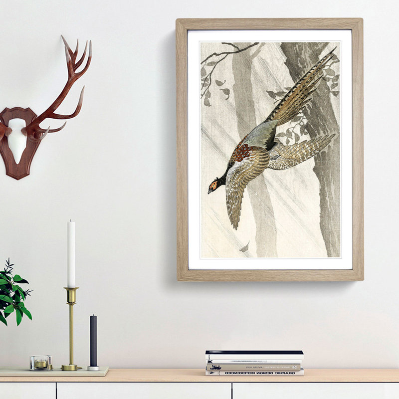 Pheasant in Flight by Ohara Koson - Picture Frame Painting Print on MDF, Oak Framed, 48cm H x 36cm W x 2cm D