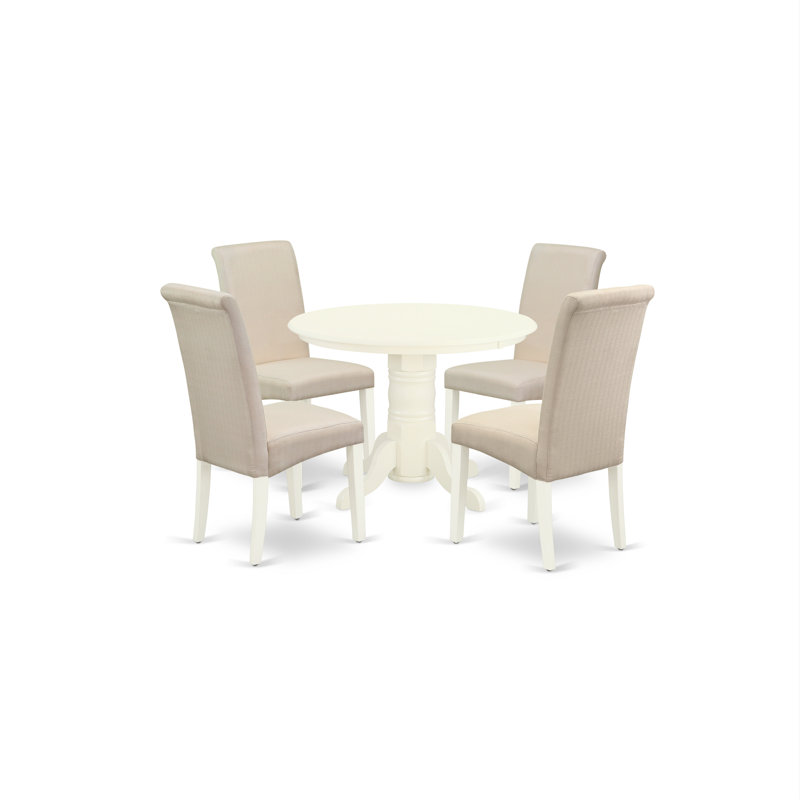 5 Piece Dinette Set for 4 Includes a Round Kitchen Table with Pedestal and 4 Cream Linen Fabric Parson Dining Chairs, Linen White