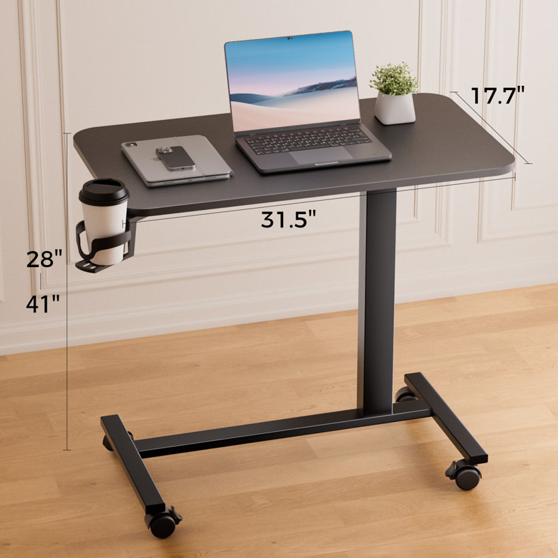 Adjustable Overbed Bedside Table With Lockable Wheels, Pneumatic Mobile Standing Laptop Desk, Small Standing Desk Portable Rolling Overbed Table Hospital Home Use