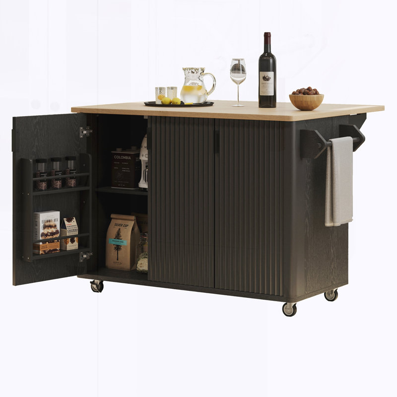 K&K 51" Fluted Kitchen Island with Drop Leaf, Farmhouse Accent Kitchen Island on Wheels with Internal Storage Rack, Rolling Kitchen Cart with Towel Rack for Kitchen, Dining Room, Black Ash