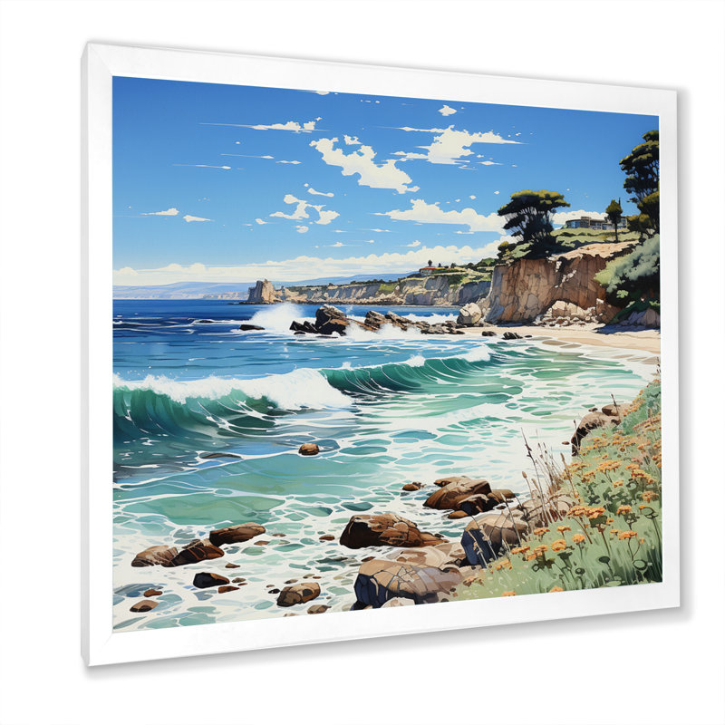 Plage contrastée pointillisme II, H 36 po x l 36 po x P 1,5 po, Cadre simple blanc