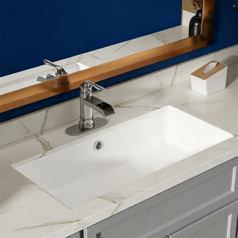 Topcraft White Ceramic Rectangular Undermount Bathroom Sink With Overflow, 28X14x6.25 Inches