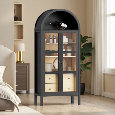 Armoire arquée moderne avec portes en verre, armoire de rangement de 72 po de hauteur à capteur automatique de hauteur avec tablette réglable en hauteur et bibliothèque à 2 tiroirs
