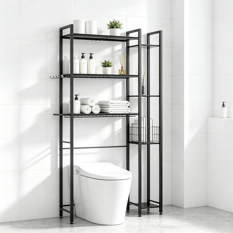 Meuble de rangement à poser au-dessus des toilettes, avec étagères en bois massif et support latéral, organisateur de salle de bain autoportant pour serviettes, articles de toilette et plus encore, noir