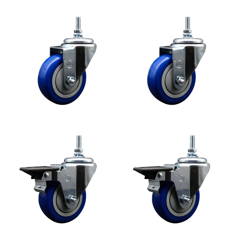 3.5 Inch_Polyurethane 12MM Threaded Stem Caster Set 2 Brakes SCC, Blue