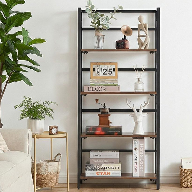 4-Tier Folding Bookshelf with No Assembly, Industrial Style Bookcase with Metal Frame and Brown Wood Shelves, Space-Saving Storage Rack