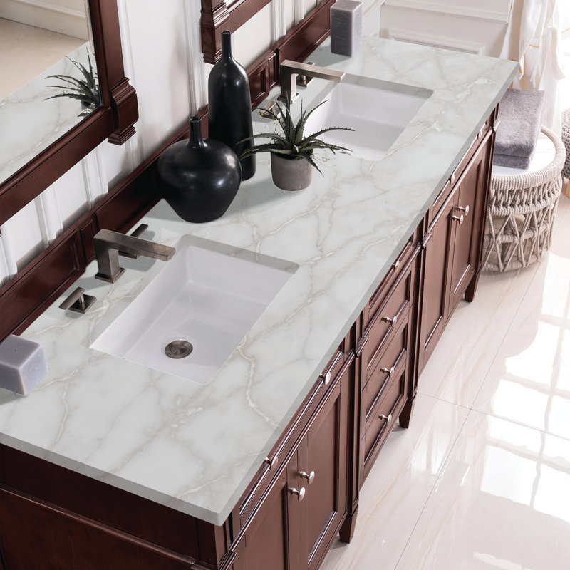 Meuble-lavabo double l 72 po Dussault, Acajou bruni, Argent victorien, 8 po