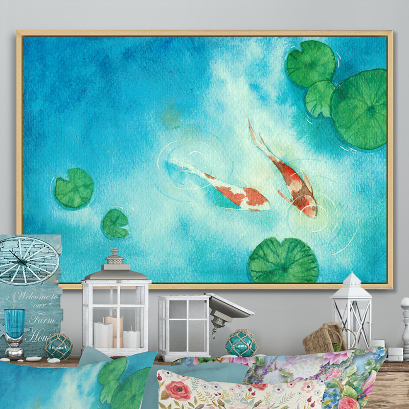 Poisson asiatique Koi - reproduction sur toile, H 8 po x l 12 po x P 1 po, Cadre naturel flottant