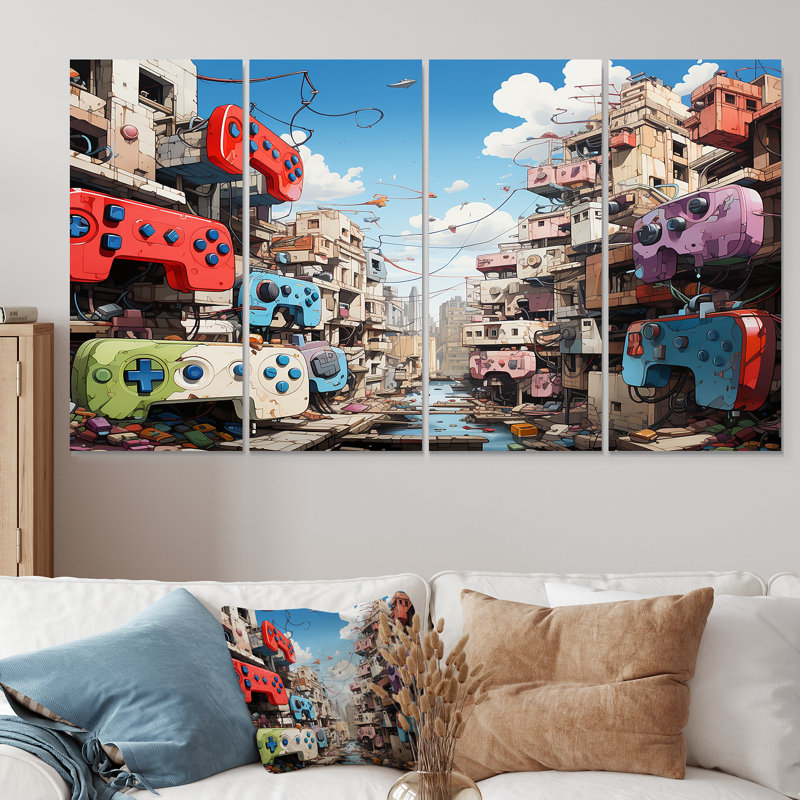 «Pop Gaming Controllers Dreamscape», art mural 4 pièces, H 28 po x l 48 po