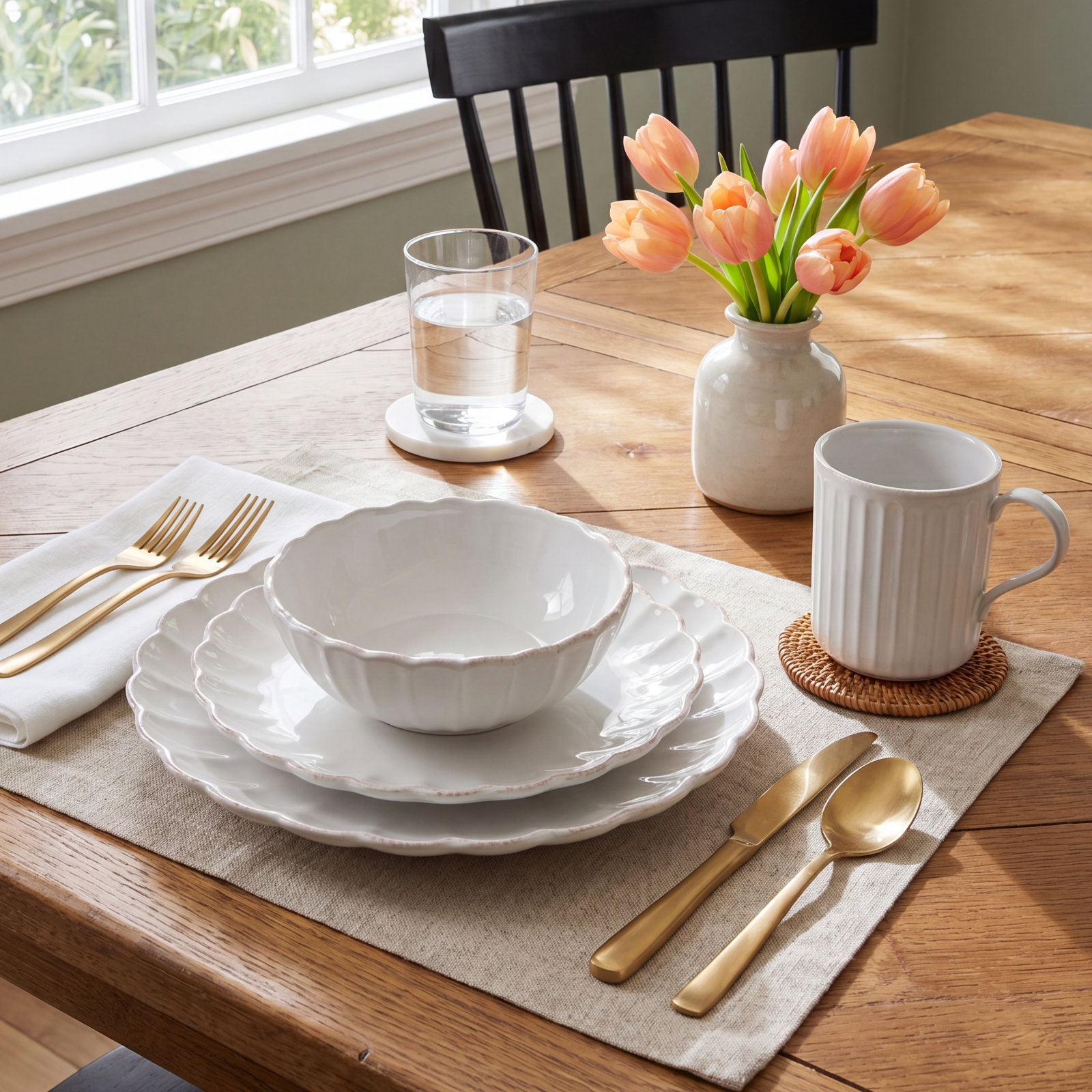 French Perle Scallop White Stoneware Dinnerware Set