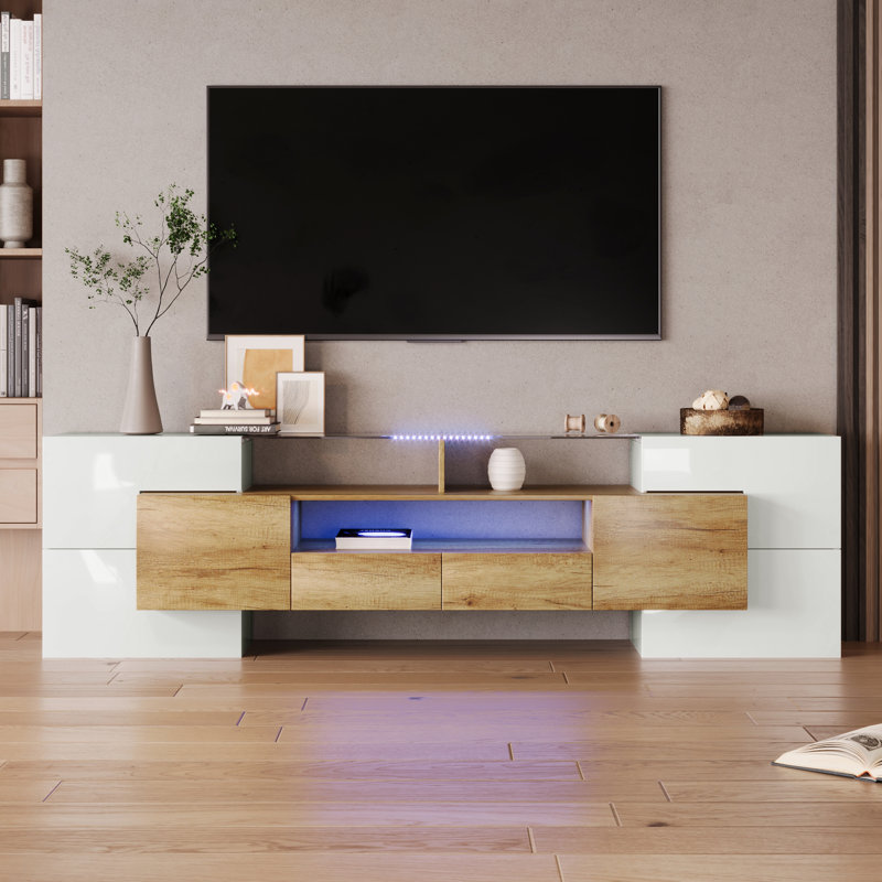 Cevahir Unfinished TV Stand for TVs up to 88", White/Natural Wood