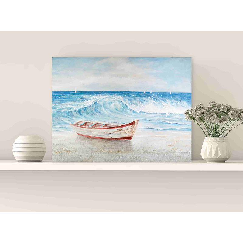 Bateau clément rouge sur la plage, océan bleu, H 12 po x l 16 po x P 1 po