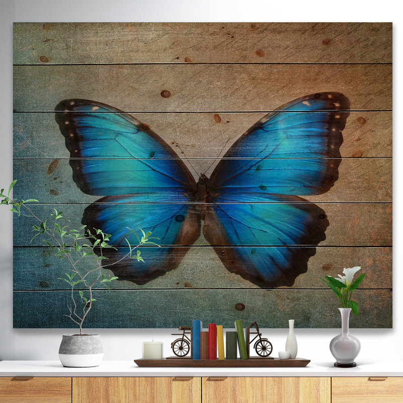 Floral, papillon bleu rétro, Impression sur toile - Papillon rétro, H 36 po x l 46 po x P 1,5 po, Bois