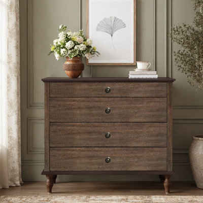 Large 4-Drawer Chest with Solid Wood Foot, Dresser with Brushed Deep Brown Finish & Metal Drawer Knobs, Antique Design for Bedroom & Nursery