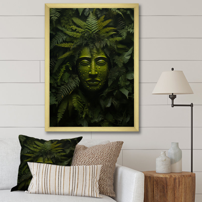 " Modern Tribal Forest Mask ", Gold Single Picture Framed, 44" H x 34" W x 1.5" D