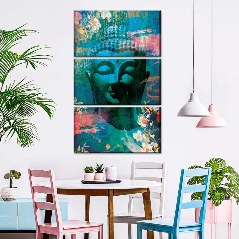 «Buddha Flowery Buddha Head I», reproduction sur toile 3 pièces par NirvanaDesigns, H 38 po x l 24 po x P 1,25 po