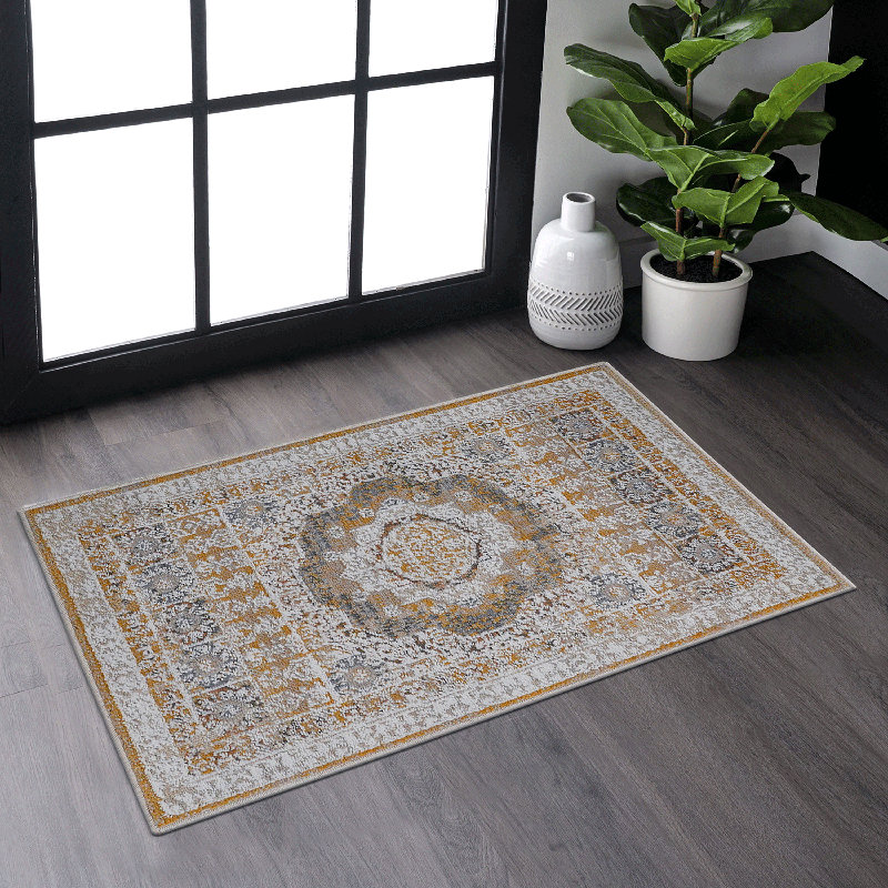 Bungalow Rose PAYAS Collection Cream/Ivory /Medallion Non-Shedding Living Room Bedroom Dining Home Office Stylish and Stain Resistant Area Rug