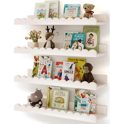 Floating Wall Bookshelves For Kids - 4-Pack Scalloped Nursery Shelves, Durable Hardwood Wall-Mounted Book Display For Toddler Room, Baby Room And Bedroom Decor