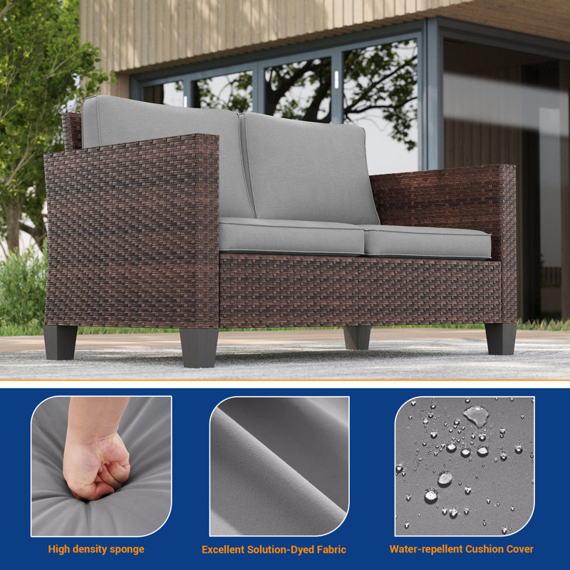 Patio Loveseat Sofa Bistro with Washable Cushion for Balcony, Porch, Yard, Brown, Gray