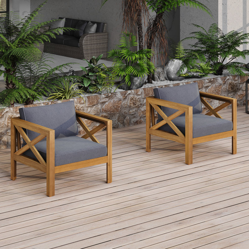 Outdoor Acacia Wood Club Armchair Set with Comfortable Cushions and Teak Finish for Patio and Garden Gatherings, Dark Gray