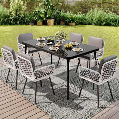 7-Piece Outdoor Patio Dining Set – 59" Rectangular Iron Frame Table with Black Tempered Glass Top & 6 PE Rattan Cushioned Chairs for Backyard, Garden & Porch