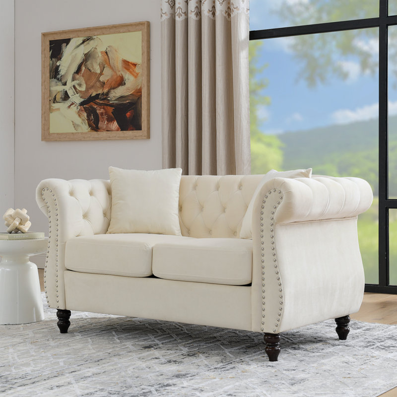 58.8" Chesterfield Sofa Beige Velvet For Living Room, 2 Seater Sofa Tufted Couch With Rolled Arms And Nailhead For Living Room, Bedroom, Office, Apartment, Two Pillowsw834s00070