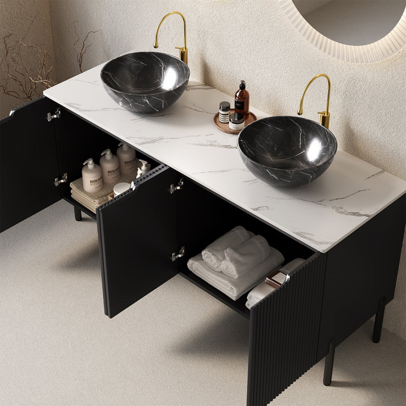 Meuble-lavabo de 60 po avec éviers, meuble de rangement autoportant avec 4 portes, 2 lavabos en céramique à motif de pierre et plateau en pierre frittée blanc de Carrare, sans couleur de robinet
