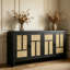 Buffet 59 po Boho noir en panneau de fibres à densité moyenne, 4 portes en rotin naturel avec 3 tablettes intérieures réglables, console de rangement de style campagnard pour le salon, la cuisine et l'entrée