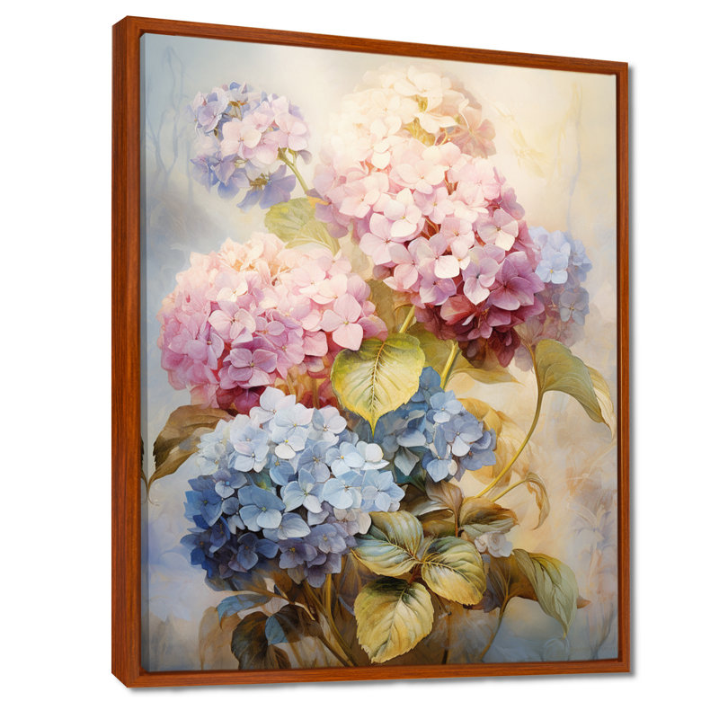 «Hydrangea Flower Rose Blue Vintage Bouquet», impression d'art mural hortensia, Cadre flottant brun, bois massif