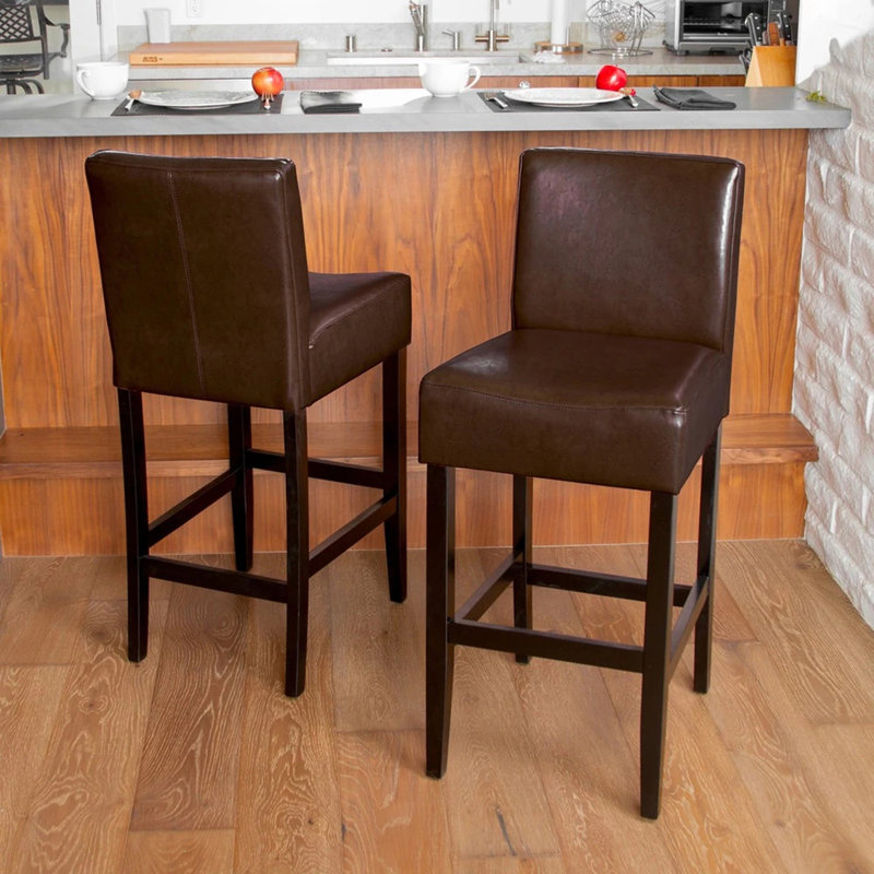 Tabouret de bar en cuir brun avec structure en bois massif (ensemble de 2)