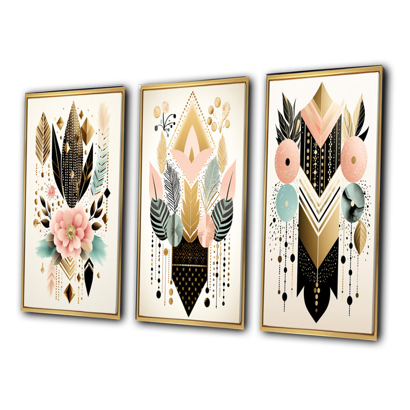 «Boho Chic Floral Geometric Retro Illustration I», 3 pièces sur toile, Cadre flottant doré, H 40 po x l 60 po