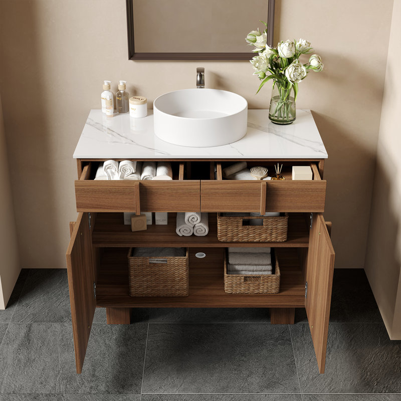 Meuble-lavabo autoportant moderne 36 po avec plateau en pierre frittée et vasque en céramique, meubles-lavabos en bois brun avec rangement spacieux