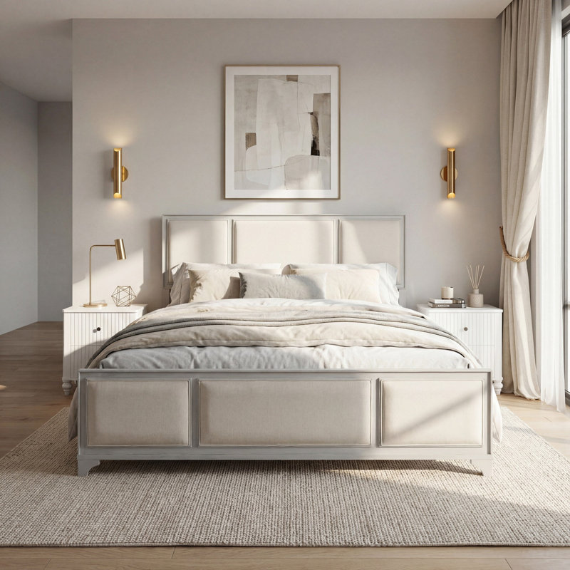 Structure de lit très grand avec tête de lit tapissier, bois massif blanc et tissu beige, pas de sommier tapissier, style campagne moderne