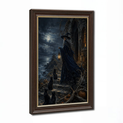 «Witch with Lantern And Black Cats On Coastal Halloween», art mural sur toile