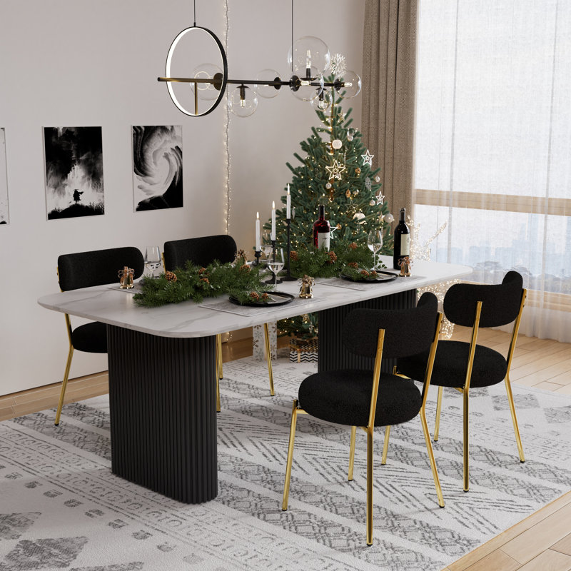 Ensemble de salle à manger rectangulaire à double piédestal avec table de salle à manger de style crème, Noir, 5, Black/Gold