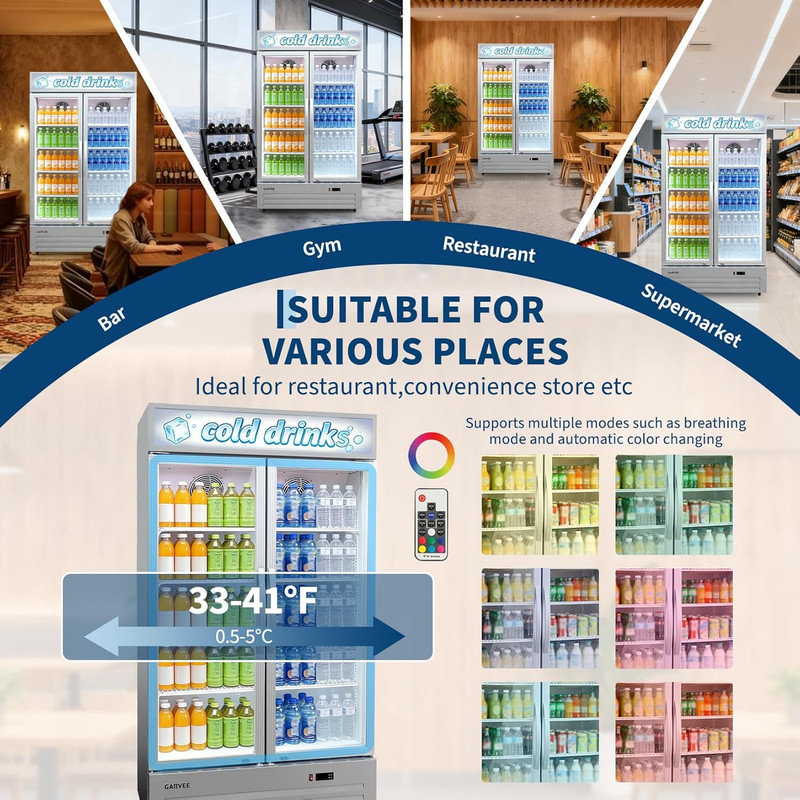 34.8 Cu.Ft Commercial Beverage Cooler, Double Door Glass Display Fridge with RGB Lights, Silver