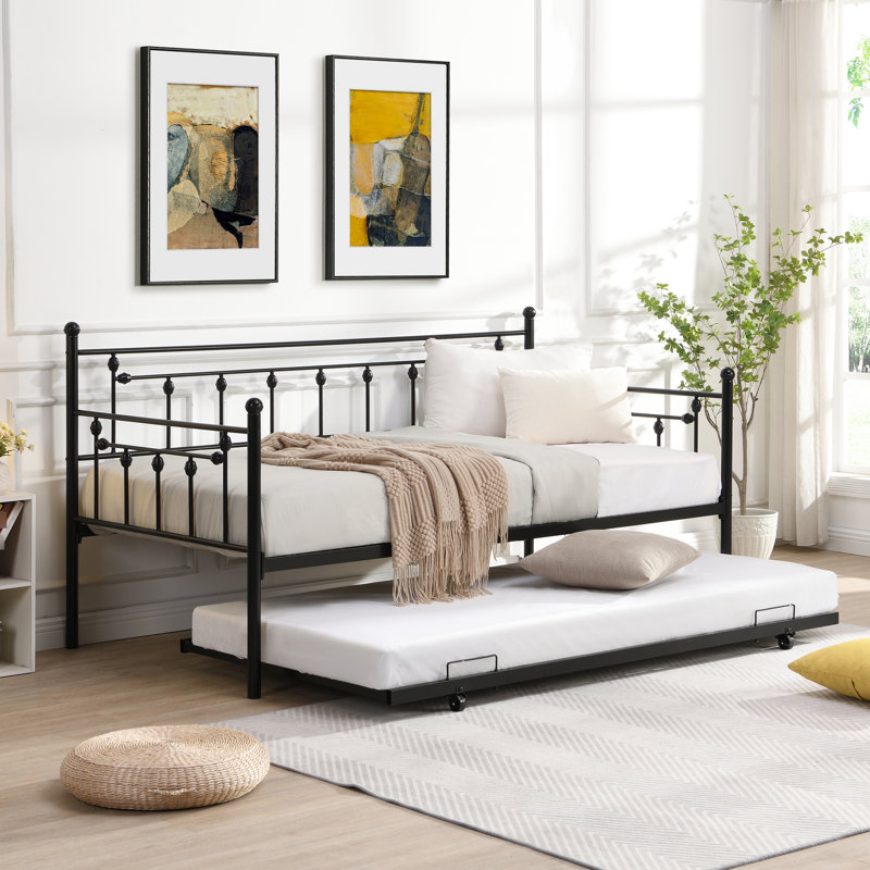 Lit de jour avec couchette en noir - Design moderne pour une efficacité d'espace, une structure en métal durable, un endroit de repos tranquille et paisible, une trousse d'assemblage facile, aucun sommier tapissier requis, peut supporter une fabrication de 250/350 lb
