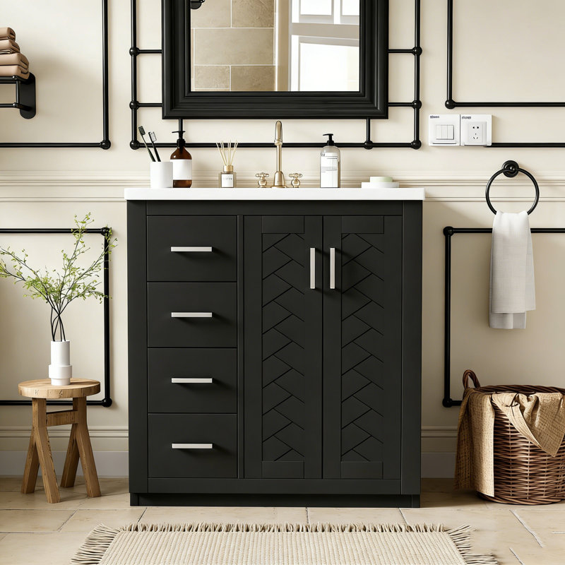 Meuble-lavabo moderne de 30 po avec lavabo en céramique et rangement à fermeture en douceur, Noir