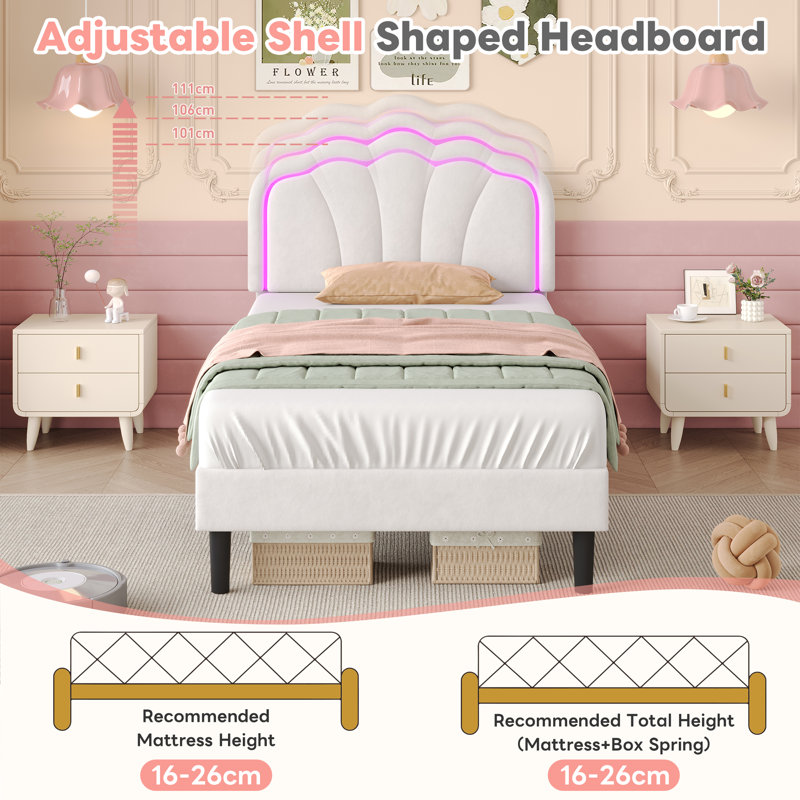 Upholstered Bed With Adjustable Headboard Velvet, White, Single (3')